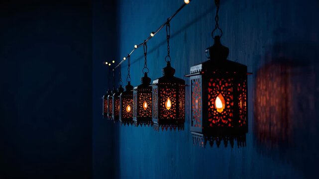Decorative hanging lanterns with warm candlelight aligned along wall creating repeating pattern in night setting