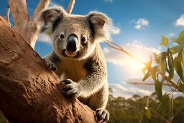 Fototapeta premium Koala sitting on a tree branch, observing habitat under a sunny sky