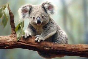 Obraz premium Young koala looking forward while resting on a tree branch with eucalyptus leaves