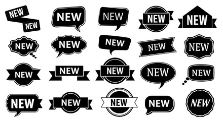 Assorted black and white new sign designs with various shapes and styles isolated on white background