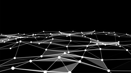 Abstract vector polygonal network landscape on black background. Connected white nodes and lines with low poly triangles. Futuristic technology data grid. Minimal digital background with copy space. © Alina