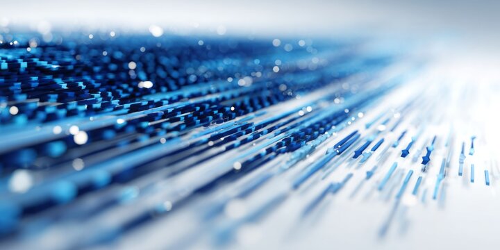 Numerous illuminated blue rectangular elements stream dynamically across a bright, shallow depth of field surface.