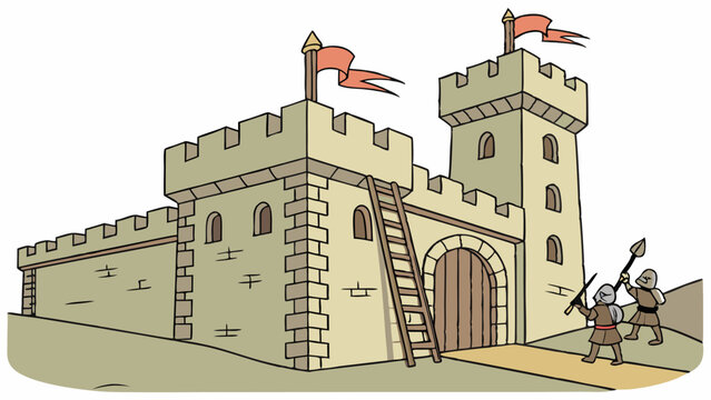 Medieval Castle Fortress with Stone Walls and Wooden Gate Being Attacked by Soldiers with Spears and a Siege Ladder for Historical Education and Fantasy Game Design Illustration