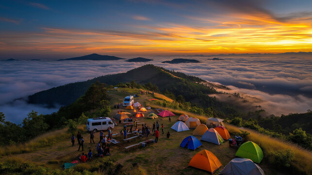 AI generator images of The moment of sunrise over the sea of ​​fog, in a mountain camping atmosphere.
