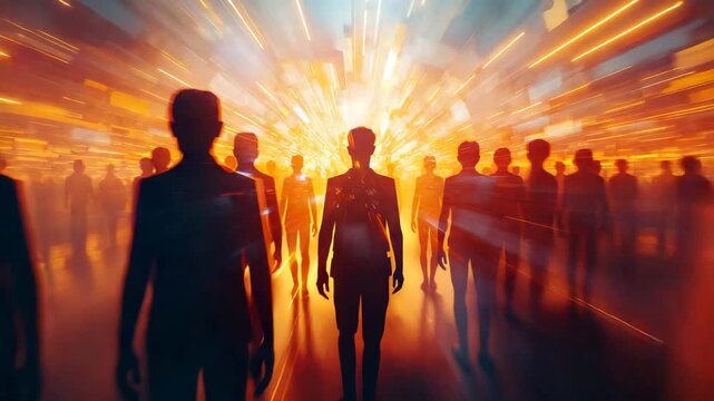Silhouetted people walking toward intense bright light source with strong backlighting and motion streaks