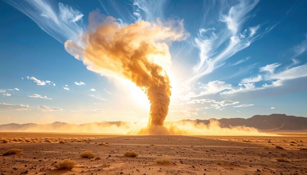 A dramatic high-resolution photographic view of a powerful dust devil swirling across a vast barren expanse, highlighting arid desert conditions, captured with FlyPro Firefly.