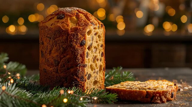 Traditional sweet bread loaf placed on table with festive lights and greenery decoration in background