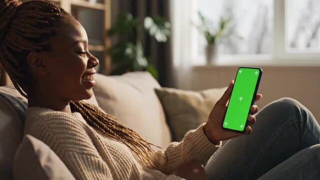 Woman using smartphone at home while sitting on couch and relaxing in a cozy living room during afternoon