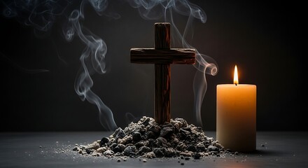 Wooden cross and burning candle with smoke against a dark background, symbolizing faith and remembrance