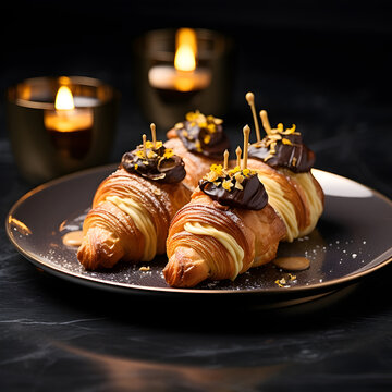 Golden croissants with chocolate toppings on dark plate with candles