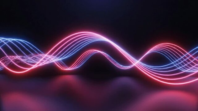 Light waves move in patterns with blue and pink colors on a dark background in this visual display