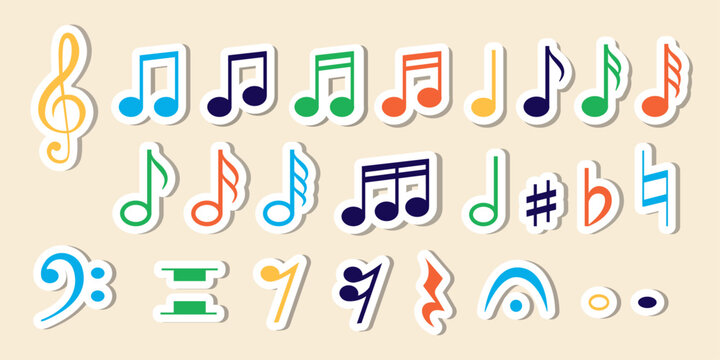 Colorful music symbols sticker set. Collection of bright musical notes, clefs and accidentals designed. Cute music icons isolated. Perfect for kids education, school materials, music lessons.