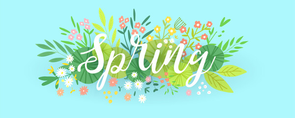 Spring inscription on floral composition and blue green background, vector illustration.