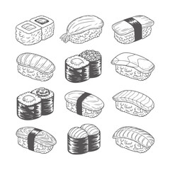Black and white style of assorted sushi and maki rolls shrimp salmon © Musfiqur