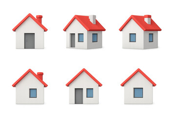 Fototapeta premium Six simple 3D white house models with red pitched roofs and chimneys shown from various angles on a clean transparent background