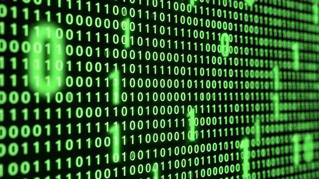 Binary code black and green background with digits moving on screen, Concept of digital age.