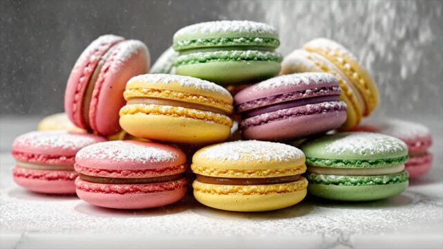 Colorful macarons piled high on a textured surface with varied flavors and colors