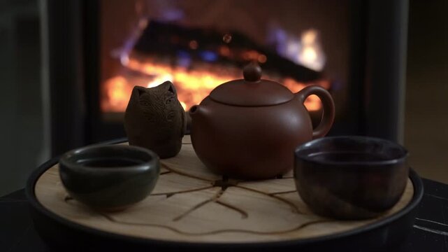 Static shot of traditional tea ceremony set in front of burning fireplace, cozy evening atmosphere, warm firelight background, relaxing home ritual concept