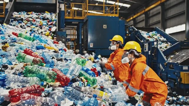 Workers sort plastic bottles in recycling facility in the afternoon