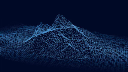 Vector blue wireframe landscape. Futuristic digital terrain grid with mountain peak. 3D polygon mesh on dark background. Technology and data visualization. Minimal abstract design with copy space.  © Alina