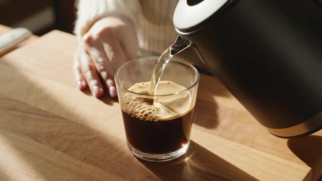 Pouring hot water over coffee grounds in a glass on a wooden table in a cozy indoor setting