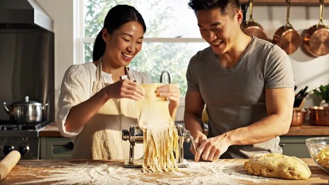 Cooking pasta together in a home kitchen with friends while making dough and using a pasta machine