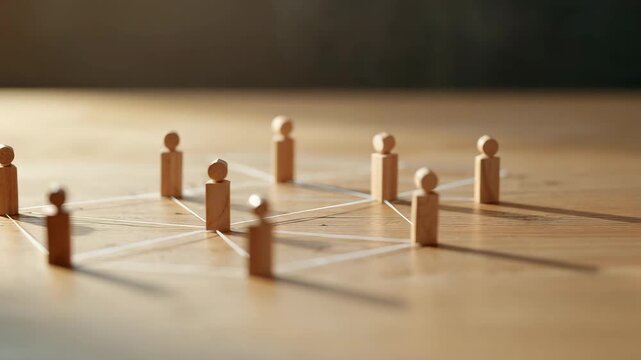 Wooden figures arranged in connected network pattern on tabletop representing organized structure layout