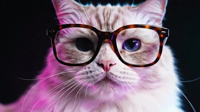 Funny cat with glasses sitting against colored background at home