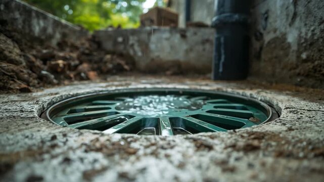 Ground level view of circular street drain with water flowing into metal grate in outdoor setting