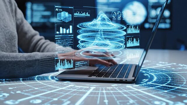 Data scientist typing on laptop with holographic data visualization and artificial intelligence indicators overlaying technology interface in blue