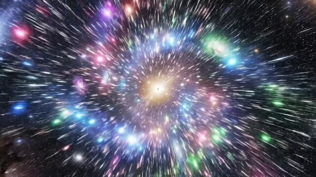 Journey through the vastness of space with colorful galaxies and bright comets moving in various directions