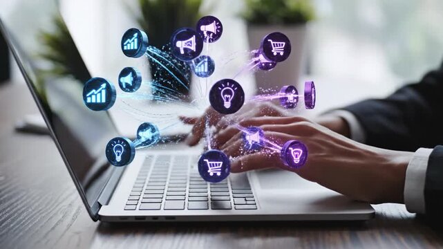 Digital marketing and business strategy woman using laptop online data analytics with glowing icon interface for social media engagement and ecommerce