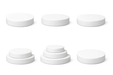 White round display podiums and pedestals in various heights and stacked configurations on a clean transparent background, photorealistic product mockup for presentation and merchandising