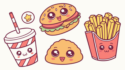 Cute Kawaii Fast Food Icons Burger Fries Drink Nugget for Kids Menu Design or Snack App Graphics