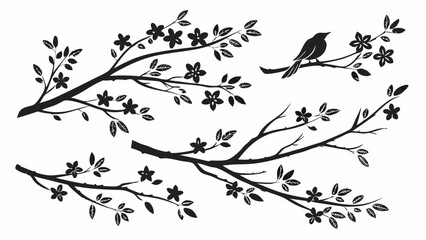 Black Silhouette Cherry Blossom Branches with Bird for Spring Decoration Wedding Invitations Nature Design Elements