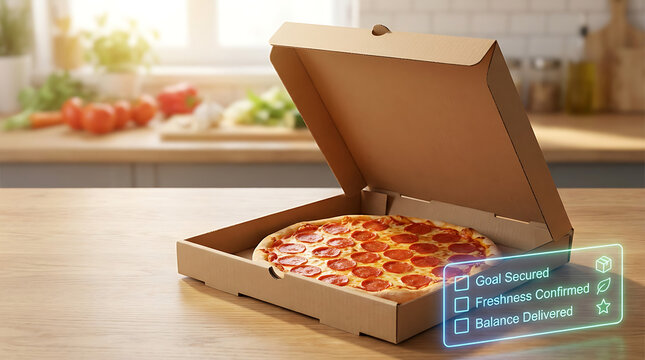 Pepperoni pizza in open cardboard box on kitchen counter with blurred background of fresh vegetables and cooking ingredients secure delivery concept with digital interface overlay