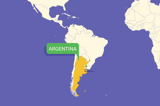 Argentina highlighted on South America map with Buenos Aires capital marked