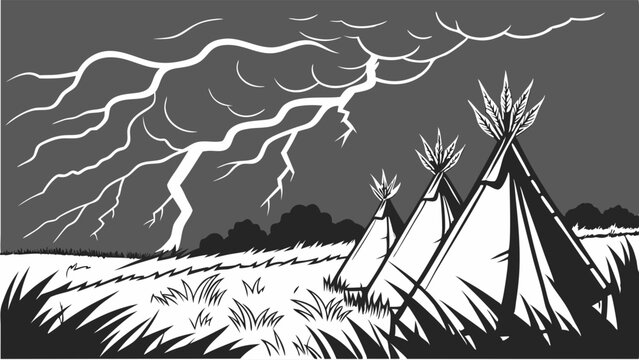 Dramatic Black and White Illustration of Native American Tipis During Intense Lightning Storm for Historical or Weather Themed Design Projects