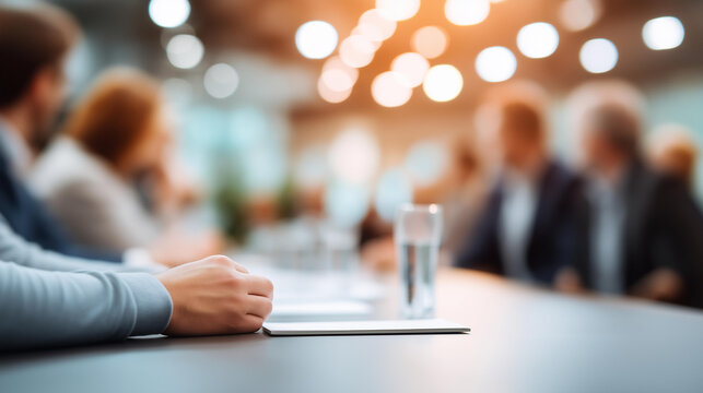 Round table discussion at business convention and presentation, audience at conference hall, business and entrepreneurship symposium, professional roundtable meeting, faceless participants,