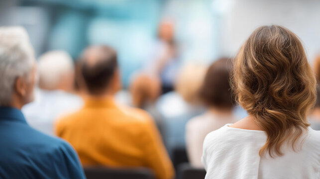 Audience people unrecognizable focus concept, entrepreneurship business hall conference event, speaker giving talk meeting lecture, businessman seminar education speech congress workshop,