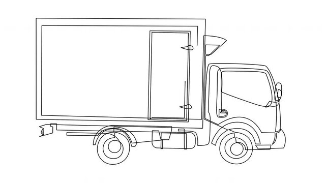 Self drawing continuous line animation of a box truck. Minimal linear motion graphic with transparent background for logistics and delivery visuals.