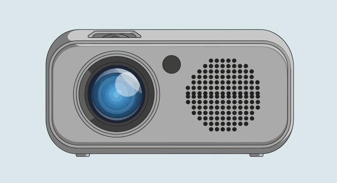 Portable digital video projector illustration for presentations and home cinema.