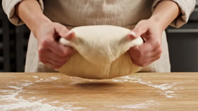 Female baker kneads dough with both hands on wooden countertop, flour scattered around, showcasing the process of preparing bread in a cozy kitchen setting
