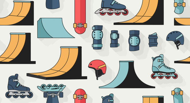 Seamless pattern of skate park elements and protective gear.