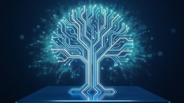Glowing tree of knowledge with circuit branches symbolizing technology and innovation concept