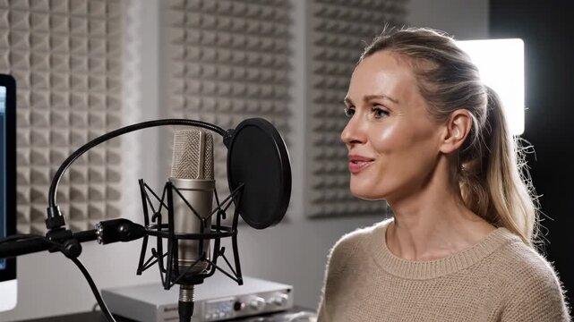 Female vocalist with blonde hair sings into a microphone in a soundproof studio, computer screen and audio equipment visible in the background