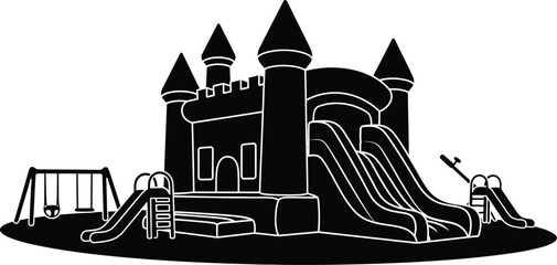 Playground and castle illustration in a stark black and white silhouette © sefali