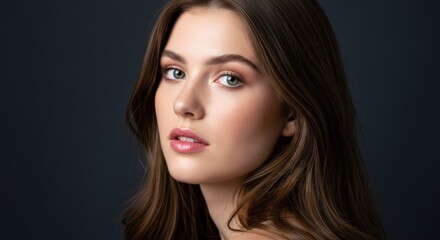 Fototapeta premium Beautiful young woman with long brown hair and blue eyes looking directly at camera with confident expression