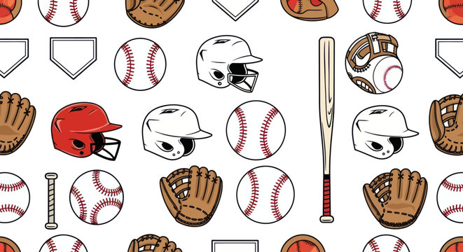 Seamless pattern background of baseball sports equipment illustrations.