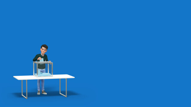 Personnage 3D souriant votant avec un bulletin bleu sur fond bleu uni - rendu 3D